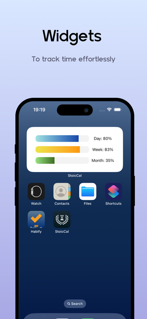 Smartphone home screen showing StoicCal time tracking widgets with progress bars for day week and month
