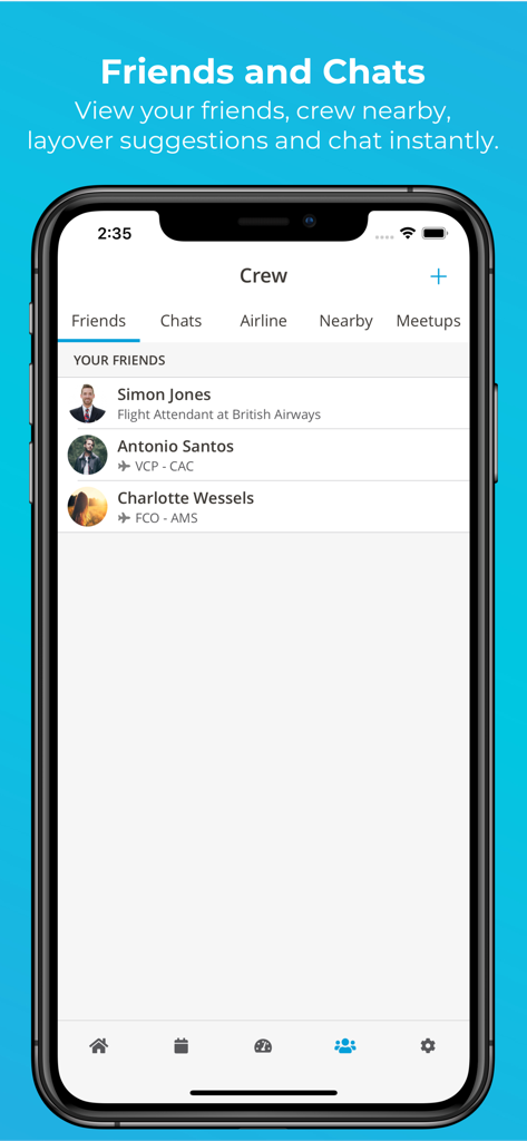 RosterBuster app screen showing friends and chat features for airline crew