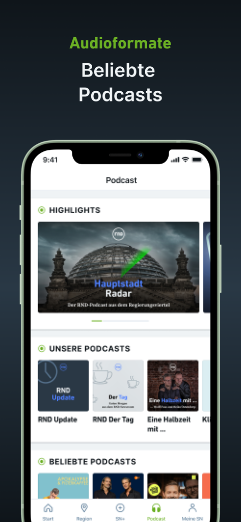 Smartphone-Bildschirm, der den Podcast-Bereich der SN-Nachrichten-App mit Highlights und beliebten deutschen Audioprogrammen anzeigt.