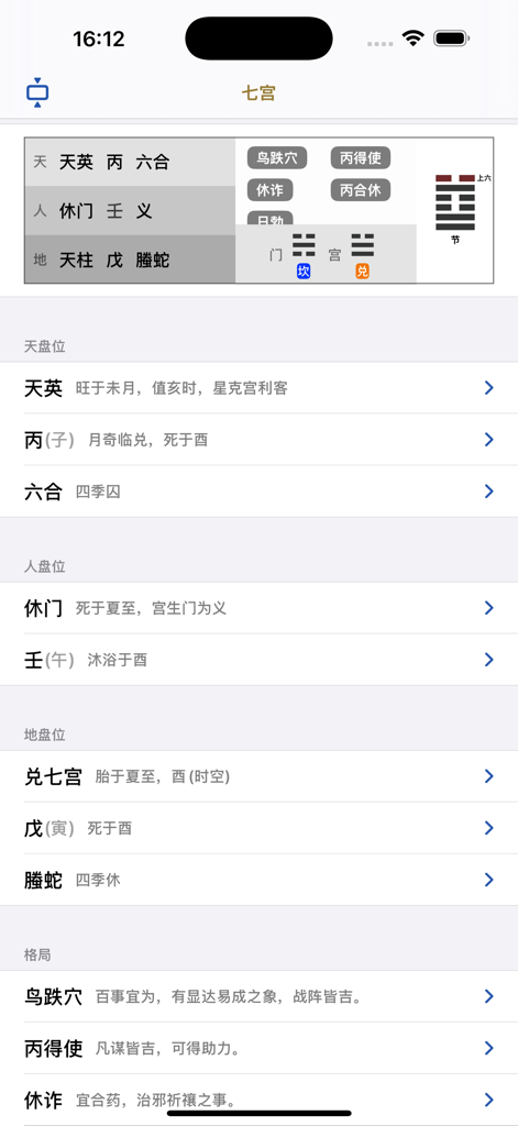 A screenshot of the Dunjia Divine Plate mobile app showing a detailed metaphysical analysis with Heavenly, Human, and Earthly plate positions and pattern interpretations.