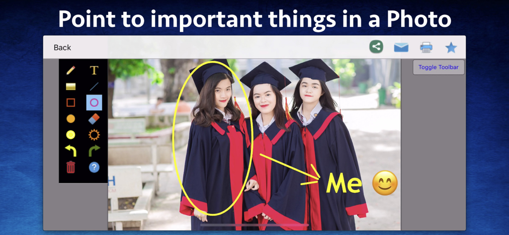 Photo Markup - Draw & Annotate - Interface of a photo markup app showing a yellow circle and arrow pointing to a person in a graduation photo with the label Me and a smiley face