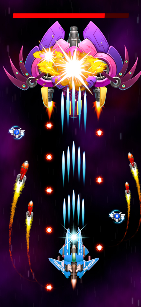 Galaxy Attack: Alien Invaders - A blue spaceship firing white beams at a giant purple alien boss in a space shooter game