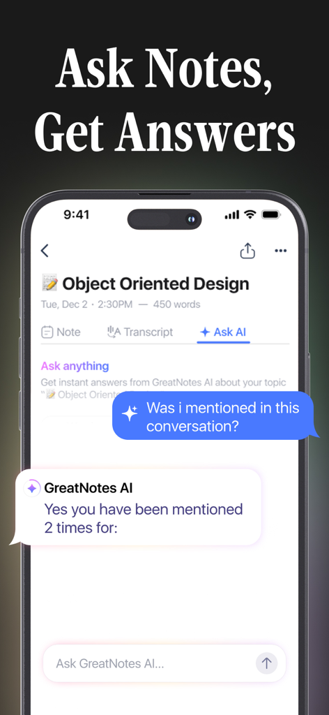 Greatnotes5 - AI Notes Taker - Smartphone screen of Greatnotes5 showing the Ask AI tool answering a question about a transcript