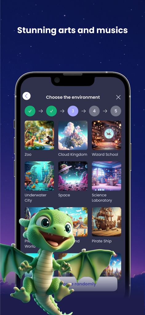 Interface showing environment selection for a personalized fairy tale with options like Zoo and Space