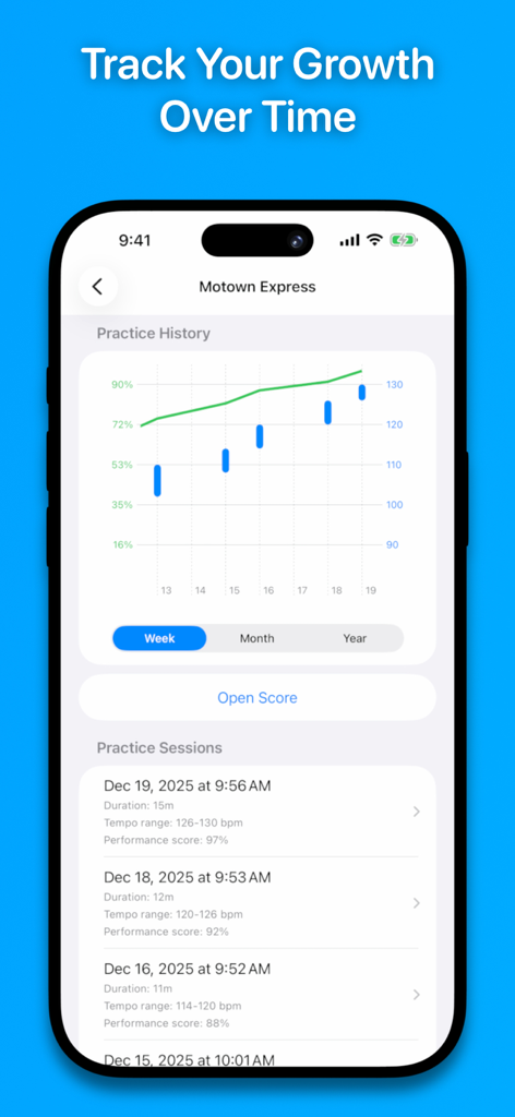 Drumr - Learn & Practice Drums - Drumr app practice history screen showing performance growth and session logs.