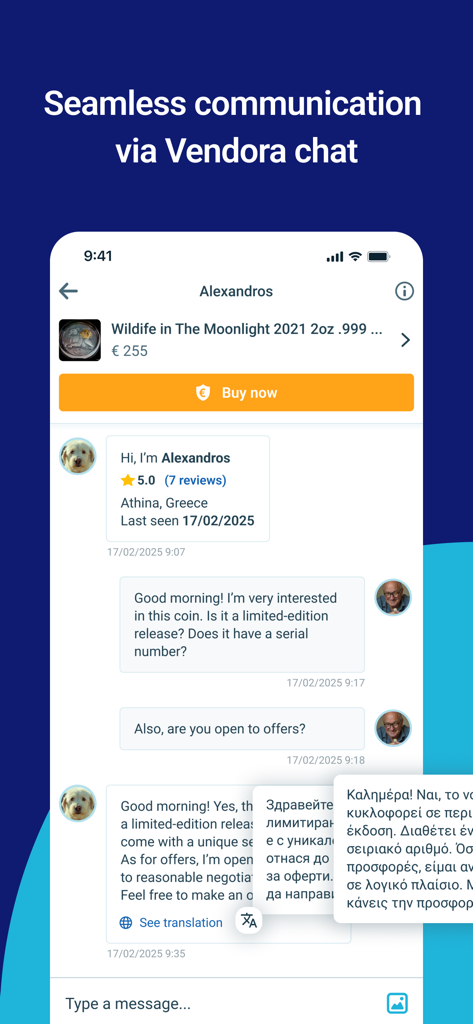 Vendora - Buy & Sell - Vendoraアプリ内チャットインターフェース。バイヤーとセラーが商品についてメッセージをやり取りしており、組み込みの翻訳機能が表示されています。
