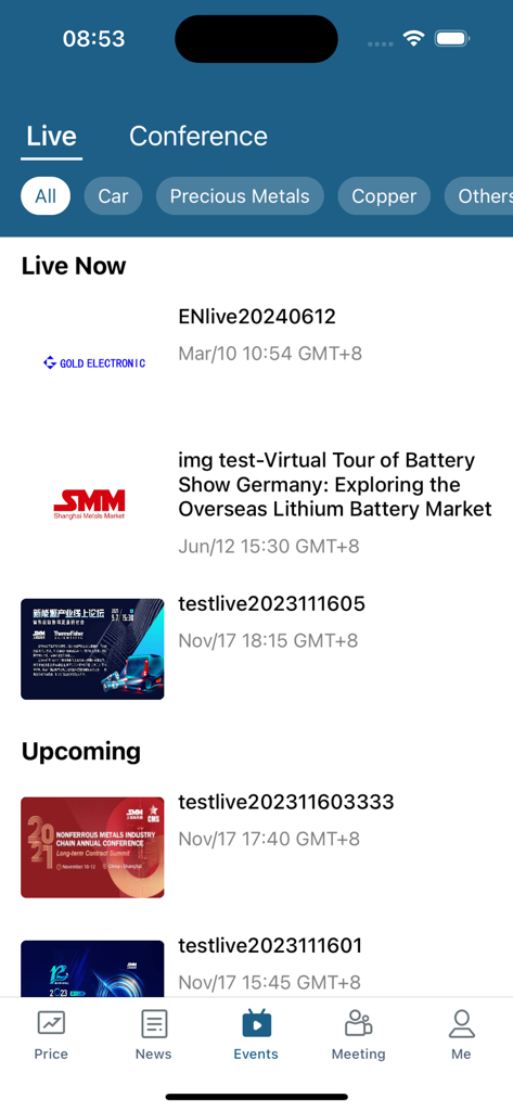 SMM app Events screen showing live and upcoming webinars and conferences on the global metals market.