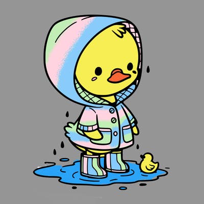 baby duck in a rain coat and boots, in a puddle while it’s raining