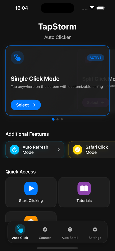 Auto Clicker Assistant TapStom - TapStorm Auto Clicker home screen showing automation options like single click and auto refresh