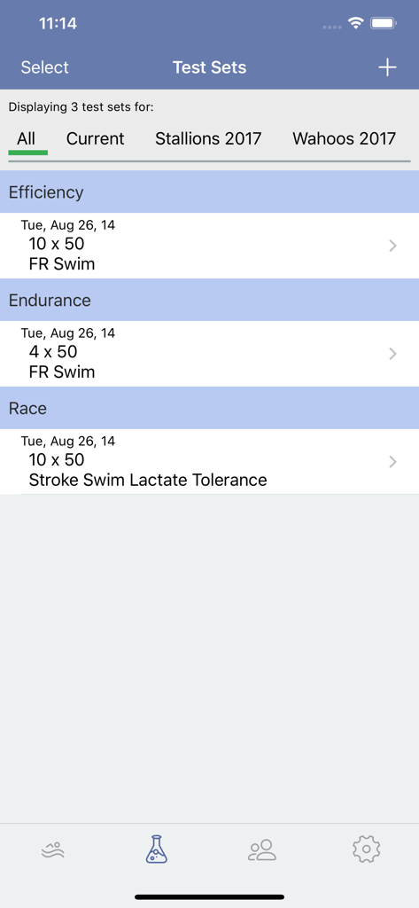 Workouts X app showing swim test sets for efficiency endurance and race