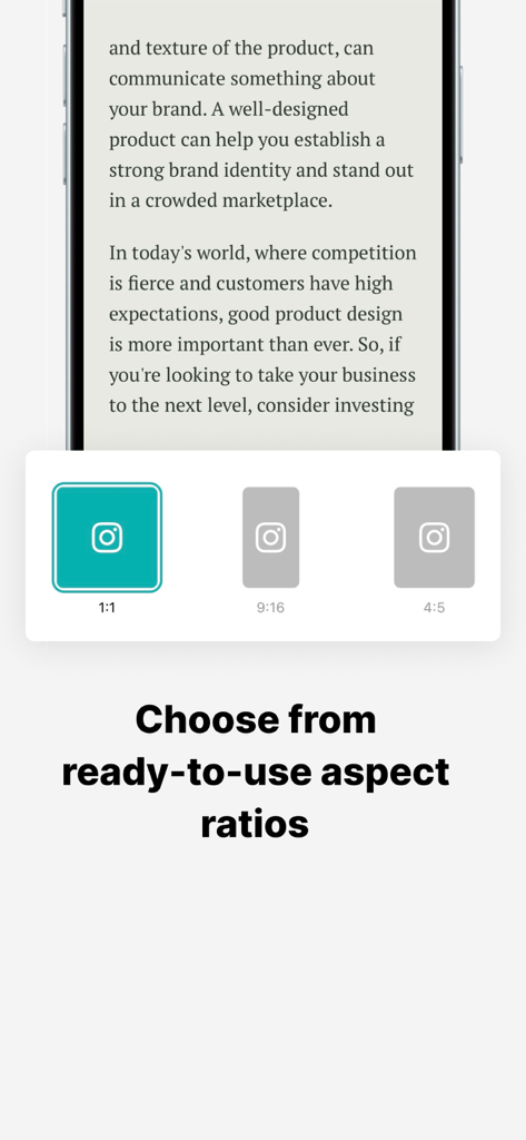 Interface para escolher proporções prontas para uso para posts de carrossel do Instagram
