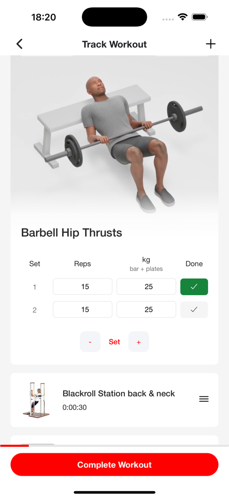ACTIV FITNESS - ACTIV FITNESS app workout tracker interface showing exercise logging for barbell hip thrusts