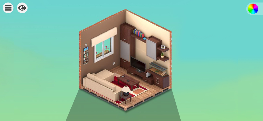Design Dream Room - 3D isometric interior design of a modern living room with a sofa and television