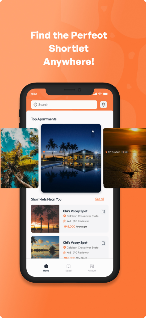 Traclet - Traclet mobile app home screen showing shortlet rental listings and search bar