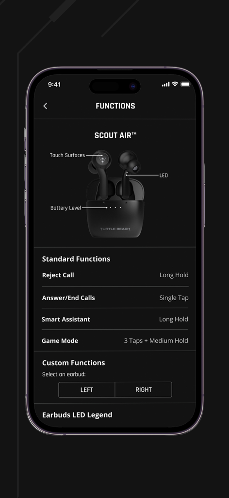 Turtle Beach Audio Hub - Scout Air earbud touch controls and standard functions menu in the Turtle Beach Audio Hub app