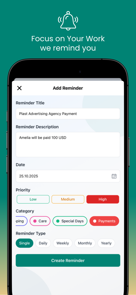 Budget and Money Manager - Oberfläche zum Erstellen einer finanziellen Erinnerung mit Feldern für Titel, Beschreibung, Datum und Prioritätsstufen