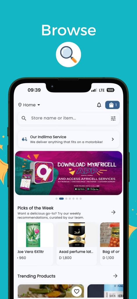 Captura de pantalla de la interfaz de navegación de compras de la aplicación Indil mostrando la barra de búsqueda, los servicios de entrega y los productos destacados como perfume y bebidas.