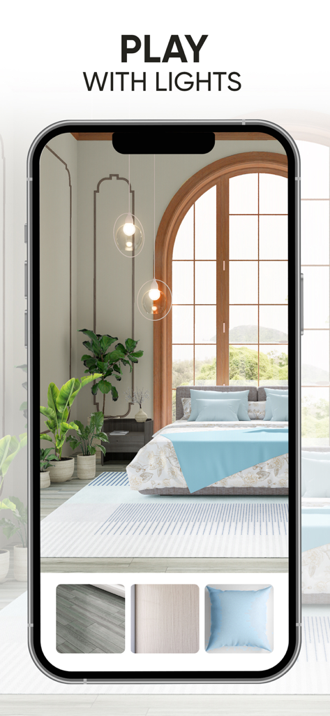 Redecor - Home Design Game - Un diseño de dormitorio fotorrealista en la aplicación Redecor con lámparas colgantes tipo globo y ropa de cama azul