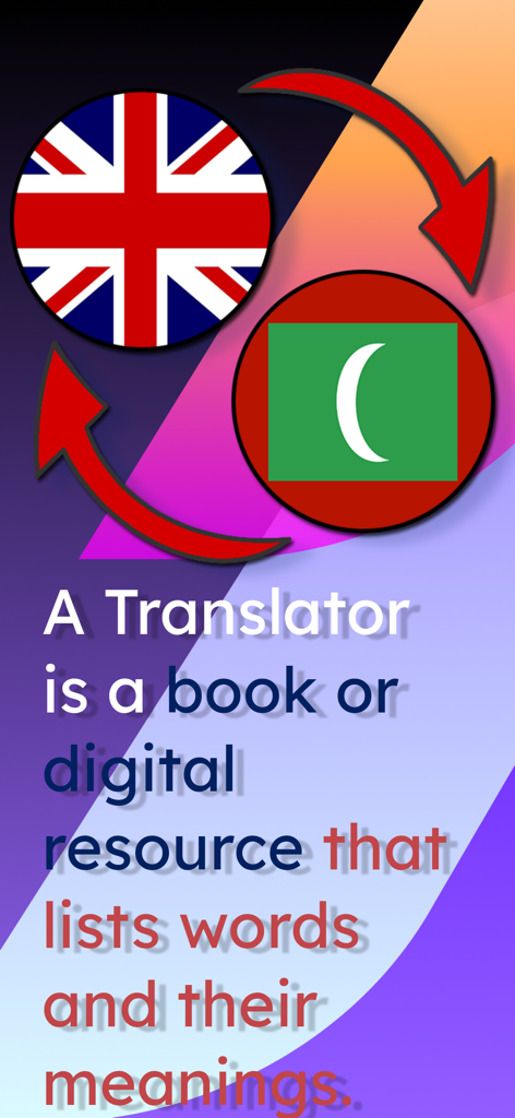 Graphic showing British and Maldivian flags with arrows representing English to Dhivehi translation.