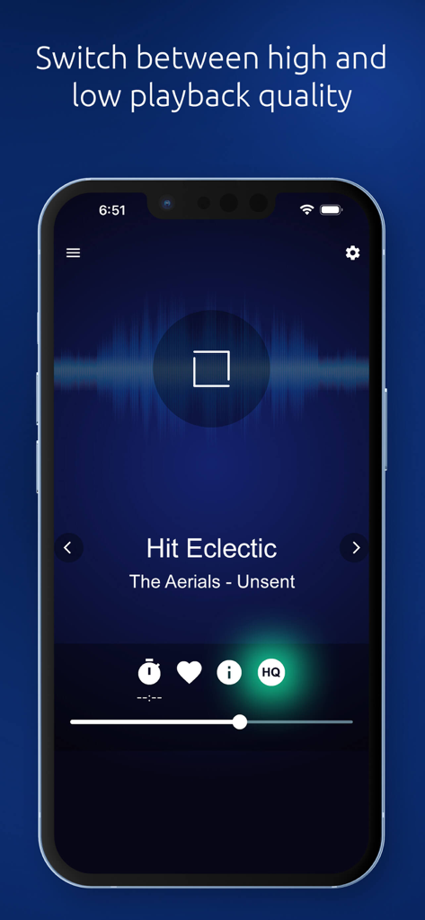 GR Radio app screen showing high and low audio playback quality options