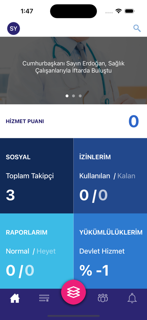 Dashboard of the EKİP mobile app for healthcare professionals featuring personnel management tiles and service metrics