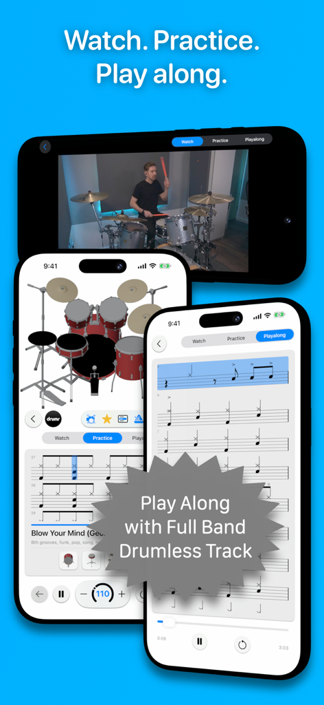 Drumr - Learn & Practice Drums - Drumr app showing video tutorials sheet music notation and play along drumless tracks on multiple mobile screens