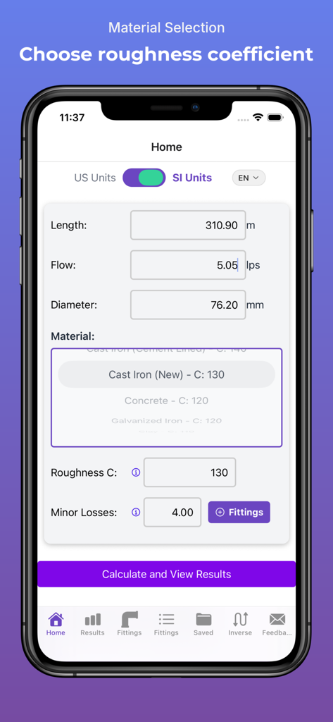 HydroCalc Plus - HydroCalc Plus app interface for selecting pipe material and roughness coefficients for hydraulic pressure loss calculations.