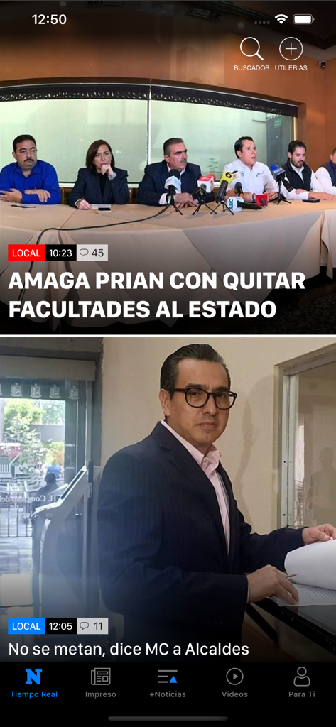 Interfaz de la aplicación de noticias EL NORTE mostrando titulares de noticias locales y menú de navegación