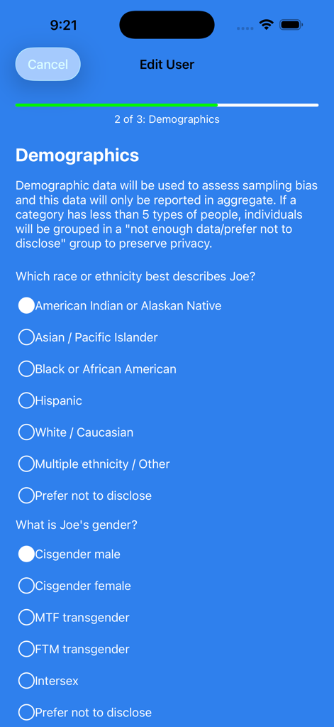 MasqFit - MasqFit 앱의 인구 통계 조사 화면, 건강 데이터 정확도 향상을 위해 인종 및 성별 정보 요청