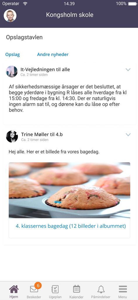 ElevIntra - ElevIntra mobile app bulletin board displaying school announcements and a post about a class baking day.