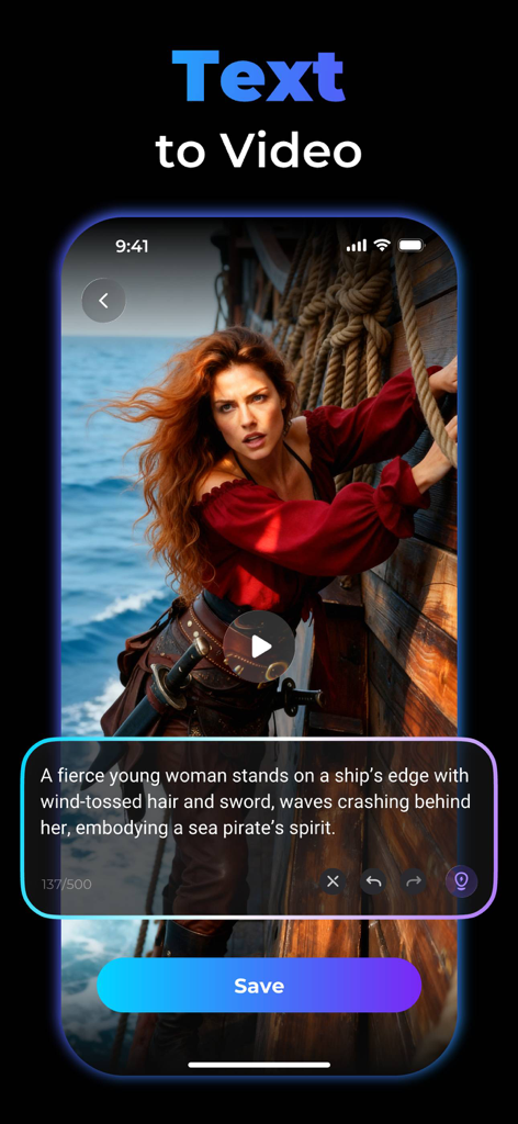 AI Video Generator, AI Filmix - Smartphone screen of AI Filmix app showing text to video generation of a pirate character