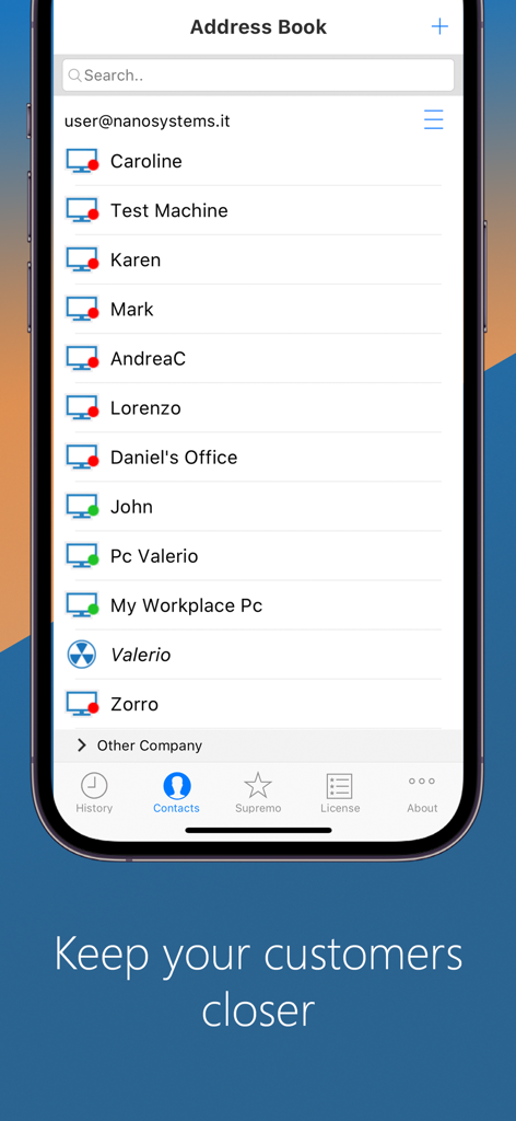 Supremo Remote Desktop - Supremo Remote Desktop mobile app displaying the address book with a list of managed computer contacts