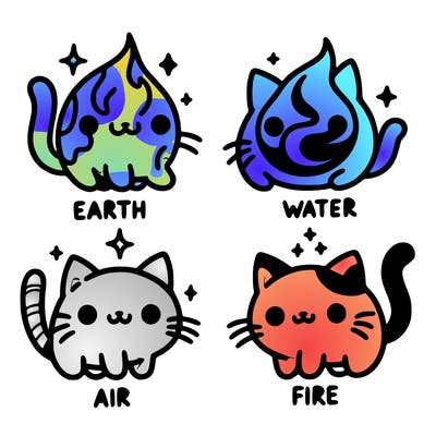4 cats that represent the different elements, earth, water, air, and fire