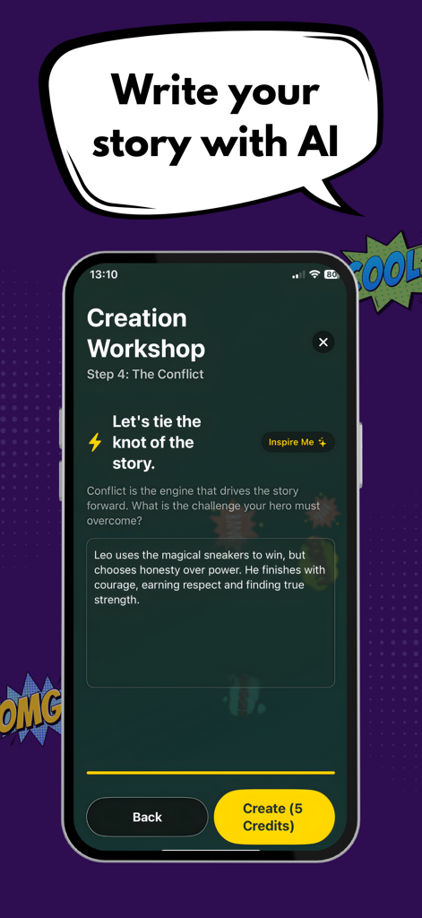 Comic Book Maker - iCartoon - Mobile app interface of iCartoon showing the Creation Workshop step for writing a story conflict with AI assistance.