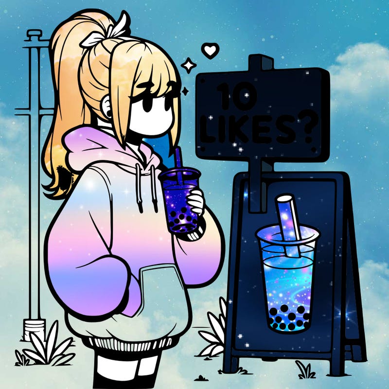 girl with oversized hoodie drinking boba and she has a high ponytail with a sign that says 10likes?