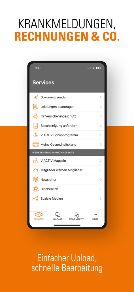 VIACTIV - Service - Smartphone screen showing various health insurance service options in the VIACTIV app