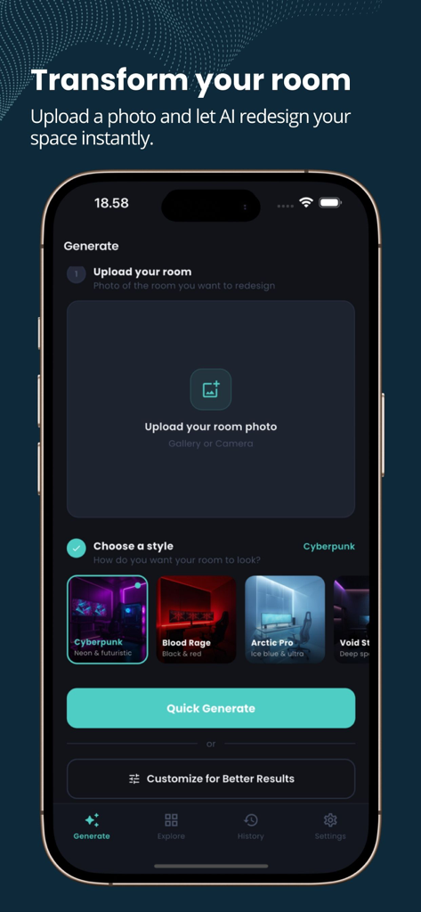 Game Room AI Designer - Game Room AI Designer mobile app interface for uploading a room photo and choosing gaming styles like Cyberpunk and Arctic Pro