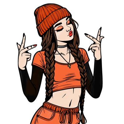 realistic teenage girl with braids and a beanie and crop top doing 🫶🏼