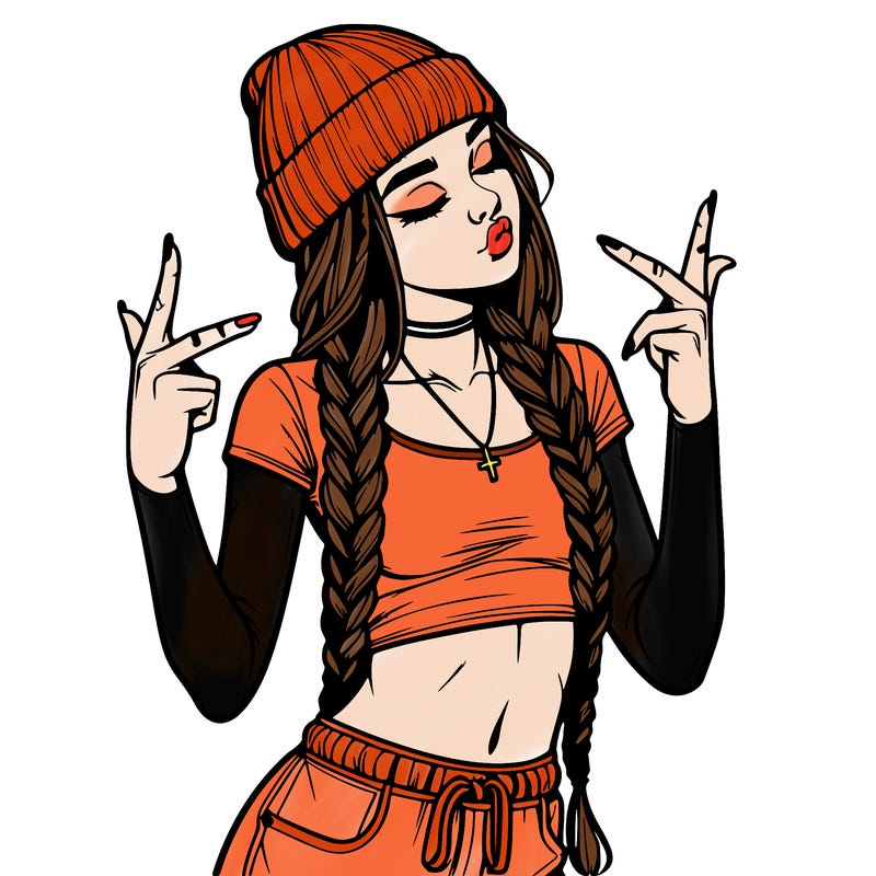 realistic teenage girl with braids and a beanie and crop top doing 🫶🏼