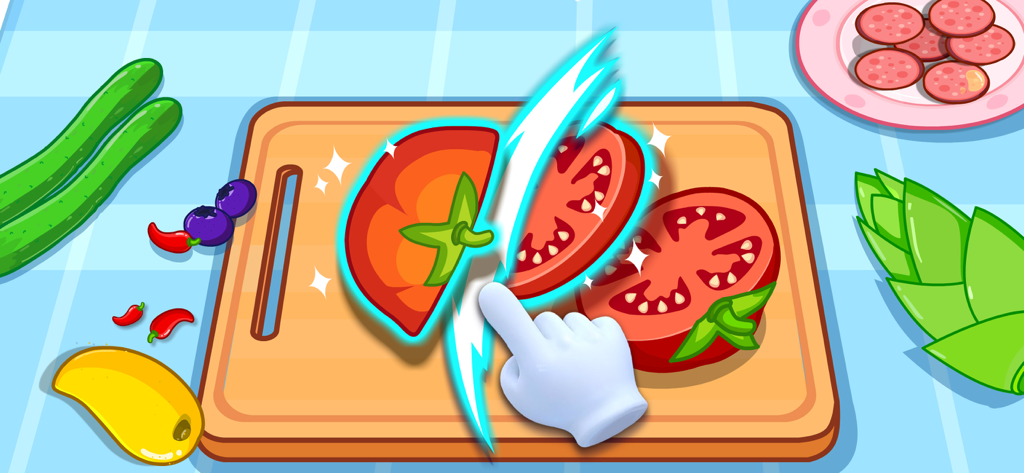 My Panda Chef Kitchen - A cartoon hand slicing a red tomato on a wooden cutting board in a kitchen game