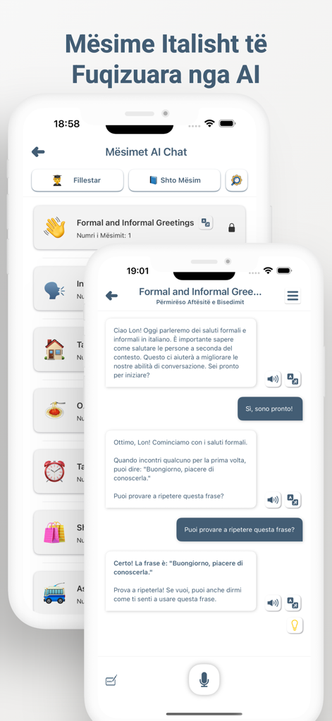 AI-powered Italian language chat lessons in the Meso Italisht app for Albanian speakers.