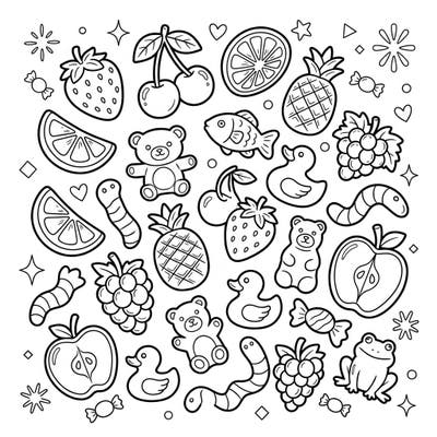 Get ready for a super sweet coloring adventure with this delightful page featuring an array of gummy candies and fresh fruits! Perfect for young artists, this design combines cute animal-shaped gummies with juicy produce for hours of creative fun.