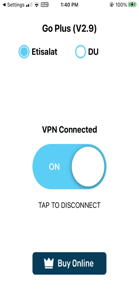 Go Plus VPN app interface showing a connected status with a large blue toggle switch in the ON position.