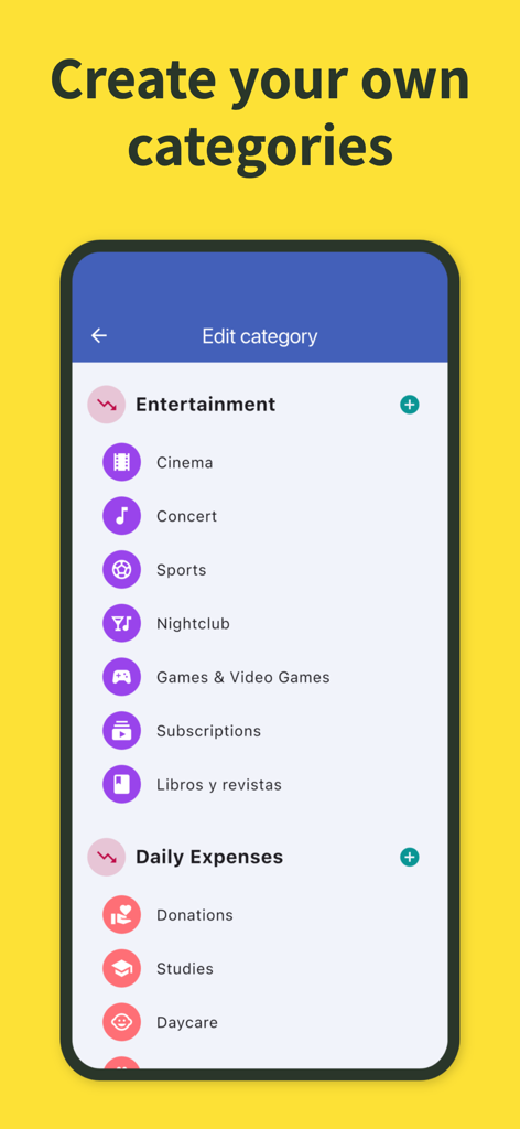 Fluxi: Expense Tracker - Écran de l'application Fluxi montrant les options pour créer et modifier des catégories de dépenses personnalisées pour la budgétisation personnelle.