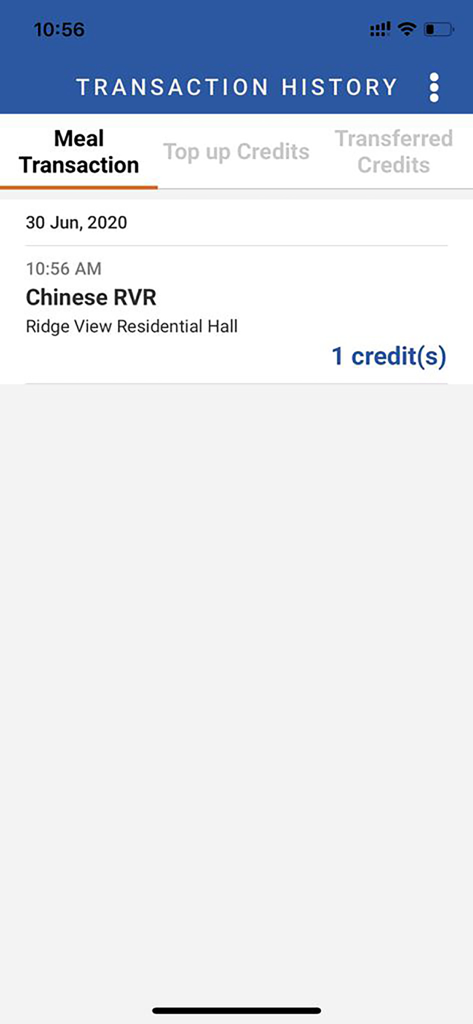 Transaction history view in the NUS Hostel Dining app showing a meal credit used at Ridge View Residential Hall.