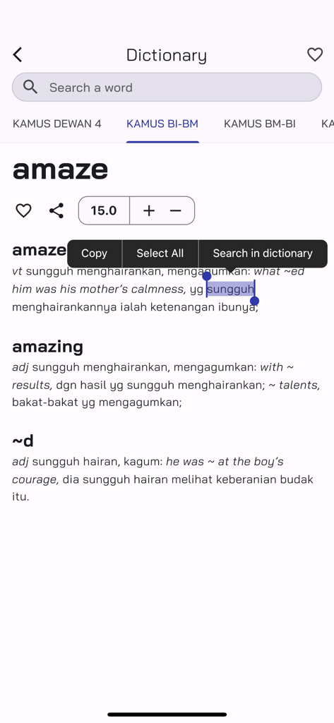 Kamus Pro - Kamus Pro app interface displaying English to Malay dictionary search results for the word amaze