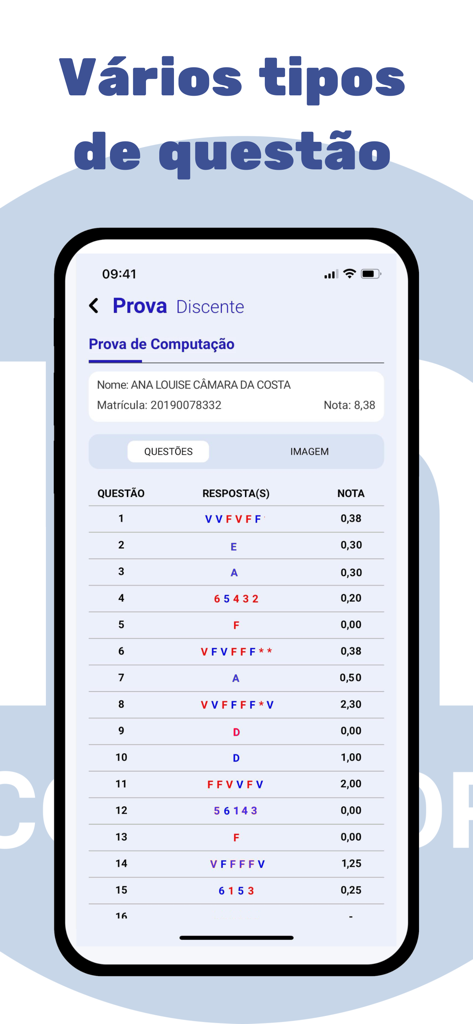 Multiprova Corretor - Smartphone screen showing the Multiprova Corretor app with a list of graded student answers for various question types including true or false and multiple choice.