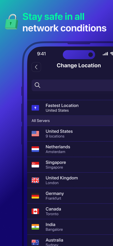 Good VPN app screen showing a list of global proxy server locations for secure network connections