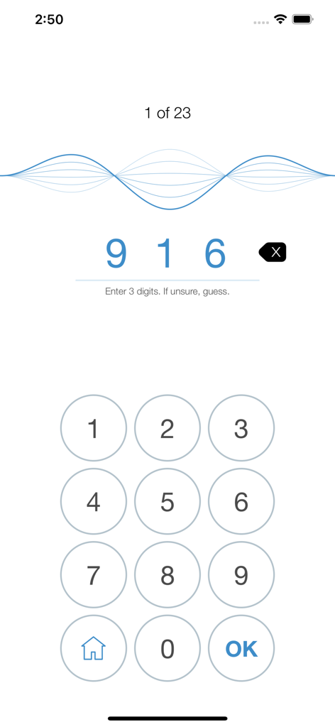 hearWHO - Check your hearing! - Interface of the hearWHO app showing a numeric keypad for a hearing test