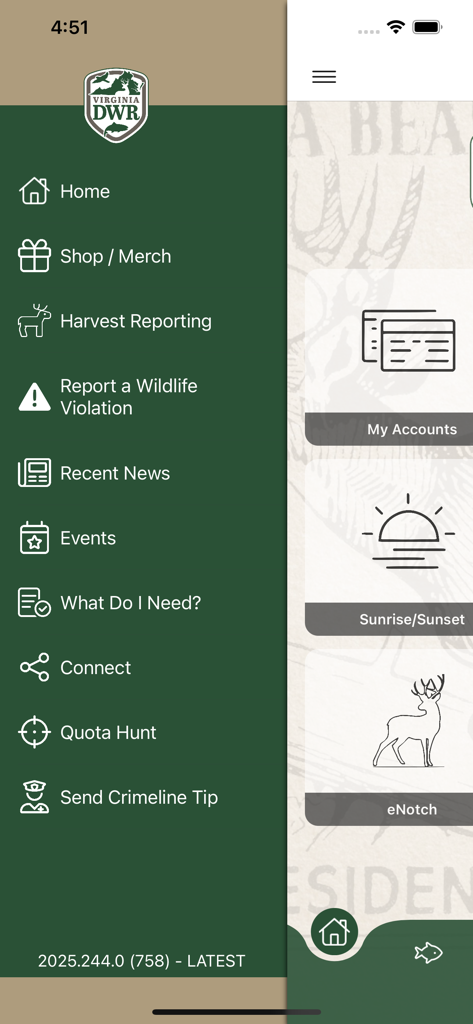 Go Outdoors VA - Side menu of the Go Outdoors VA app showing features like Harvest Reporting, Sunrise and Sunset, and My Accounts
